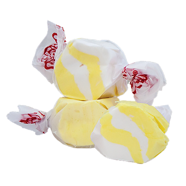 Taffy Town buttered popcorn salt water taffy candy with yellow and white swirls in soft whipped layers